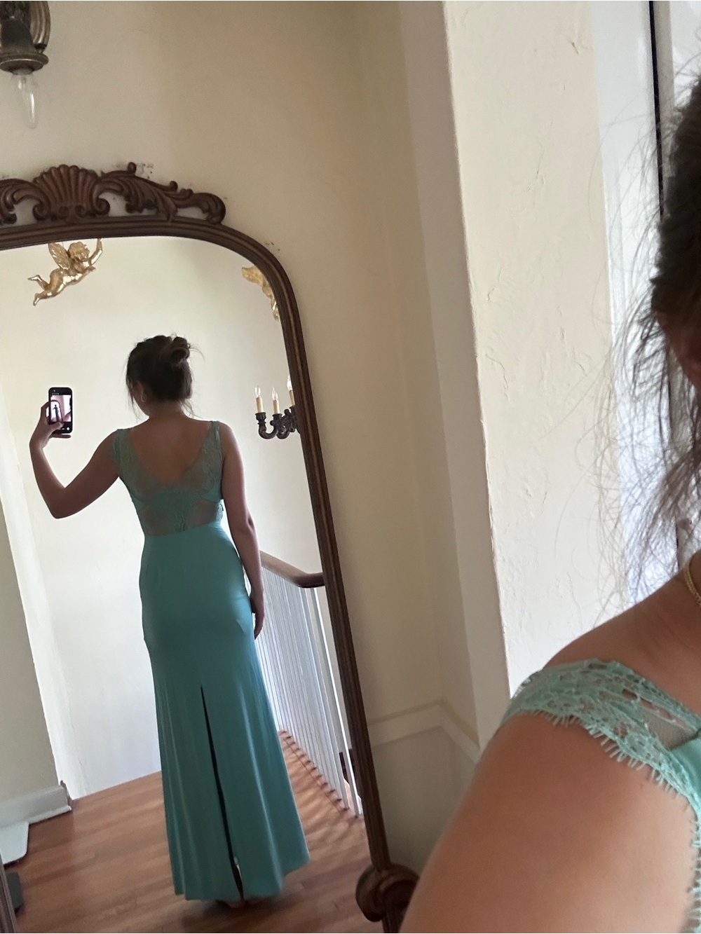 BCBGMaxAzria Teal Lace-Back Evening Gown